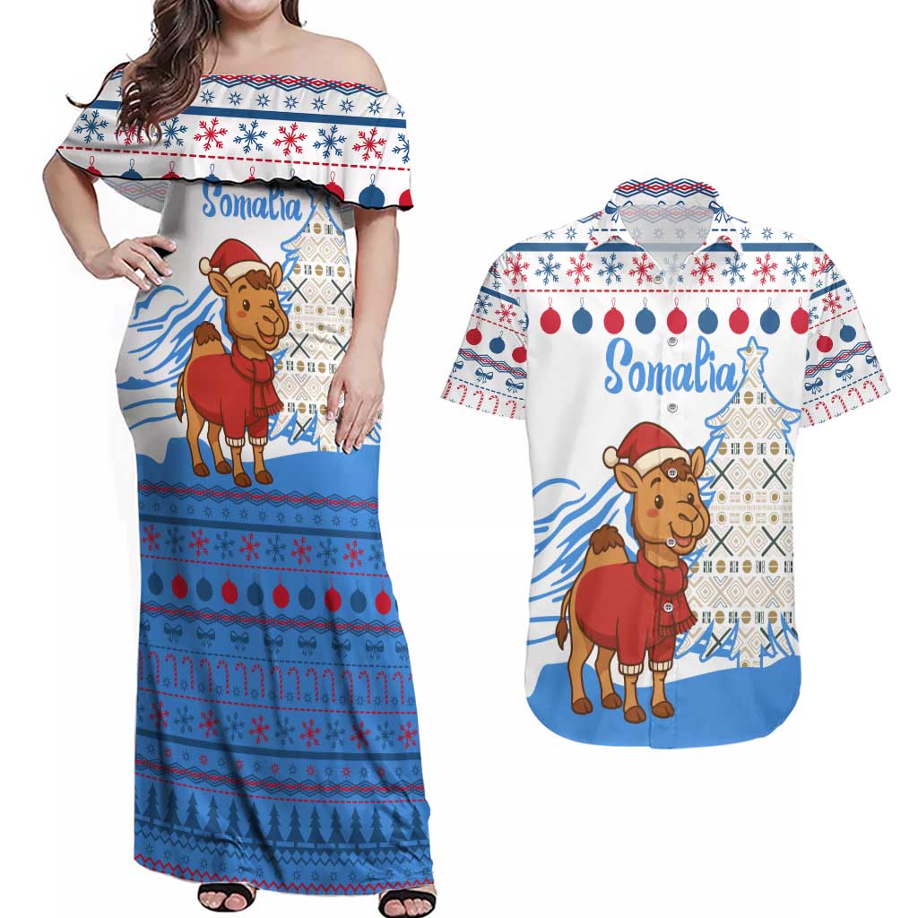 Somalia Christmas Couples Matching Off Shoulder Maxi Dress and Hawaiian Shirt with Santa on Camel Christmas Tree Ornaments Candy Canes and Snowflake - Wonder Print Shop