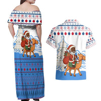 Somalia Christmas Couples Matching Off Shoulder Maxi Dress and Hawaiian Shirt with Santa on Camel Christmas Tree Ornaments Candy Canes and Snowflake - Wonder Print Shop