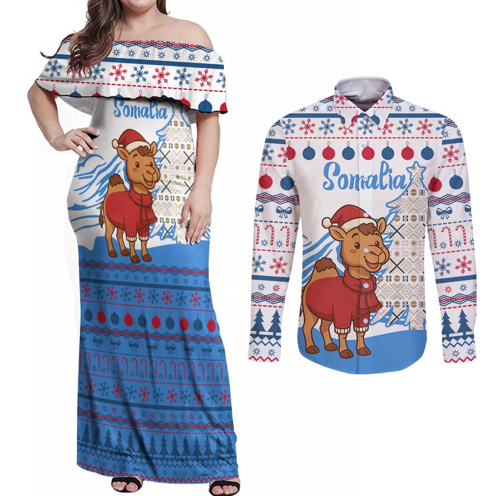 Somalia Christmas Couples Matching Off Shoulder Maxi Dress and Long Sleeve Button Shirt with Santa on Camel Christmas Tree Ornaments Candy Canes and Snowflake - Wonder Print Shop
