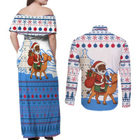 Somalia Christmas Couples Matching Off Shoulder Maxi Dress and Long Sleeve Button Shirt with Santa on Camel Christmas Tree Ornaments Candy Canes and Snowflake - Wonder Print Shop