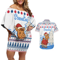 Somalia Christmas Couples Matching Off Shoulder Short Dress and Hawaiian Shirt with Santa on Camel Christmas Tree Ornaments Candy Canes and Snowflake - Wonder Print Shop