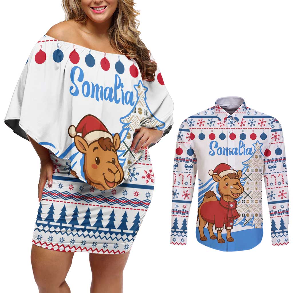 Somalia Christmas Couples Matching Off Shoulder Short Dress and Long Sleeve Button Shirt with Santa on Camel Christmas Tree Ornaments Candy Canes and Snowflake - Wonder Print Shop
