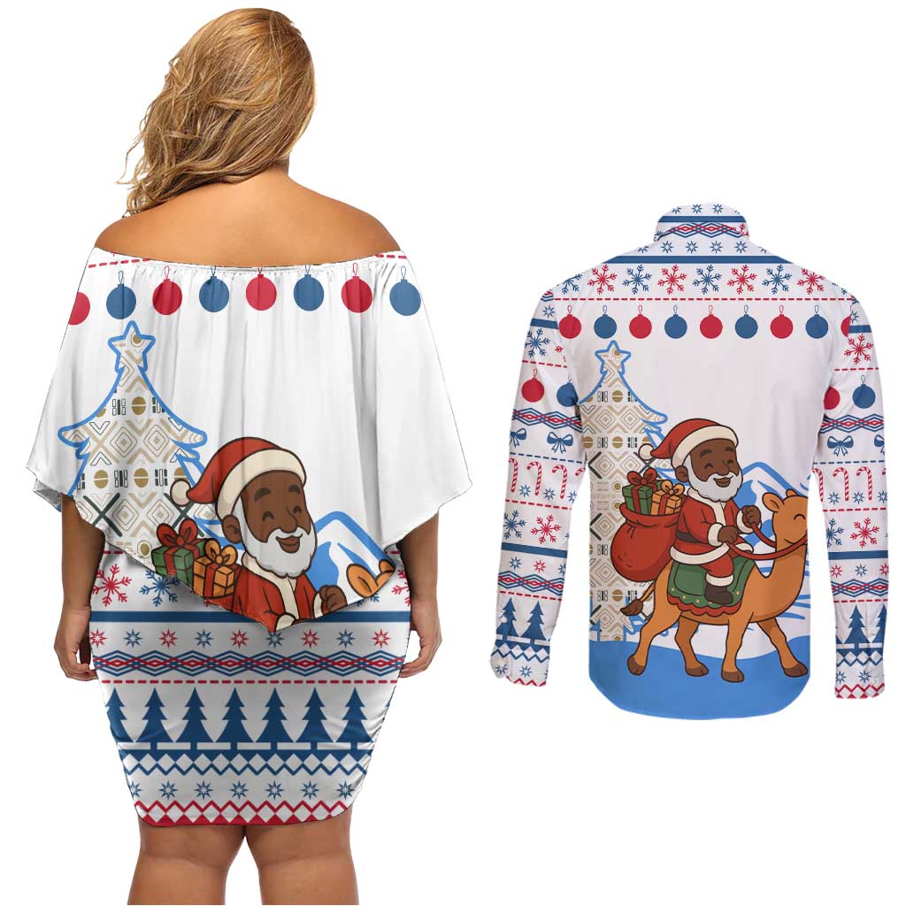 Somalia Christmas Couples Matching Off Shoulder Short Dress and Long Sleeve Button Shirt with Santa on Camel Christmas Tree Ornaments Candy Canes and Snowflake - Wonder Print Shop