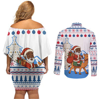 Somalia Christmas Couples Matching Off Shoulder Short Dress and Long Sleeve Button Shirt with Santa on Camel Christmas Tree Ornaments Candy Canes and Snowflake - Wonder Print Shop