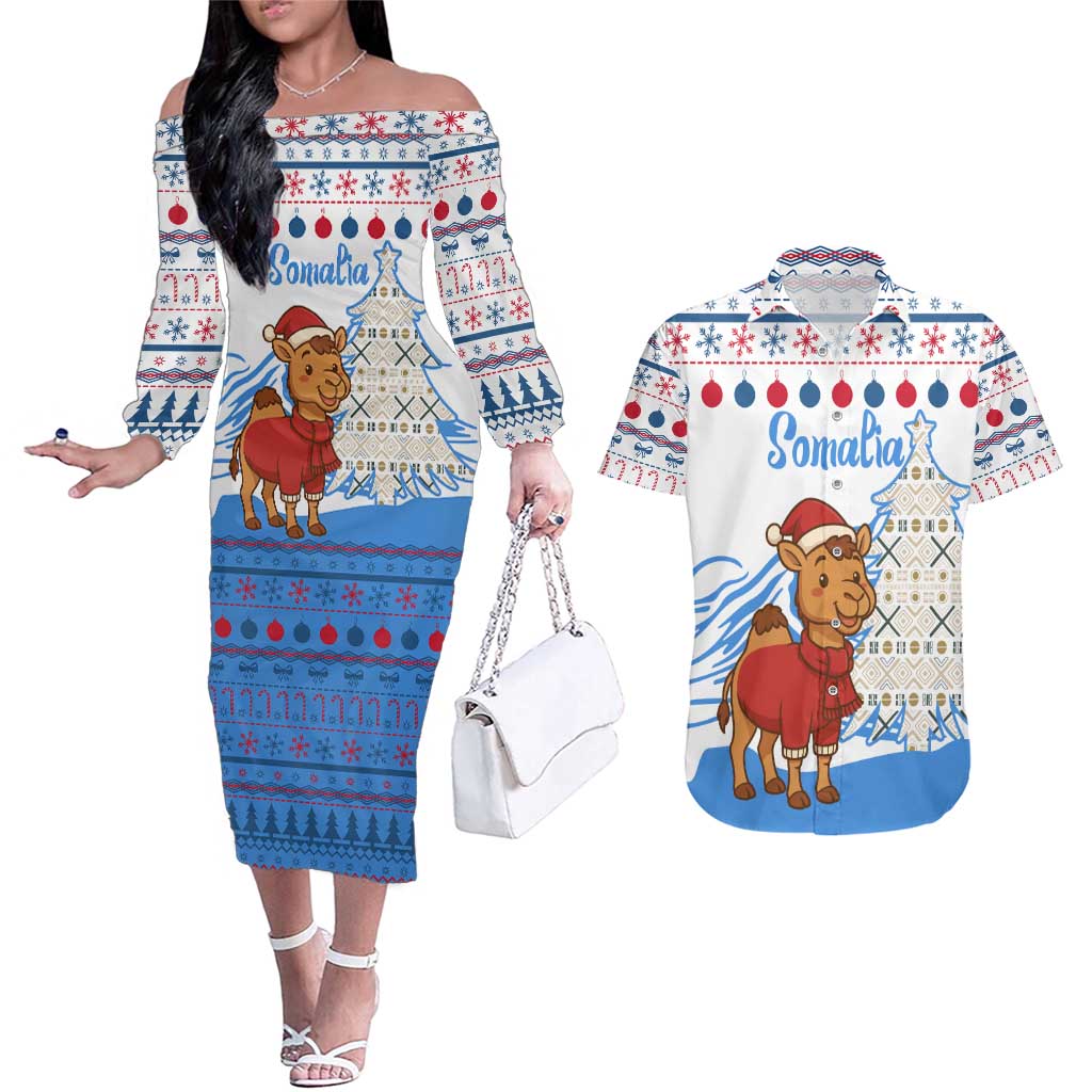 Somalia Christmas Couples Matching Off The Shoulder Long Sleeve Dress and Hawaiian Shirt with Santa on Camel Christmas Tree Ornaments Candy Canes and Snowflake - Wonder Print Shop