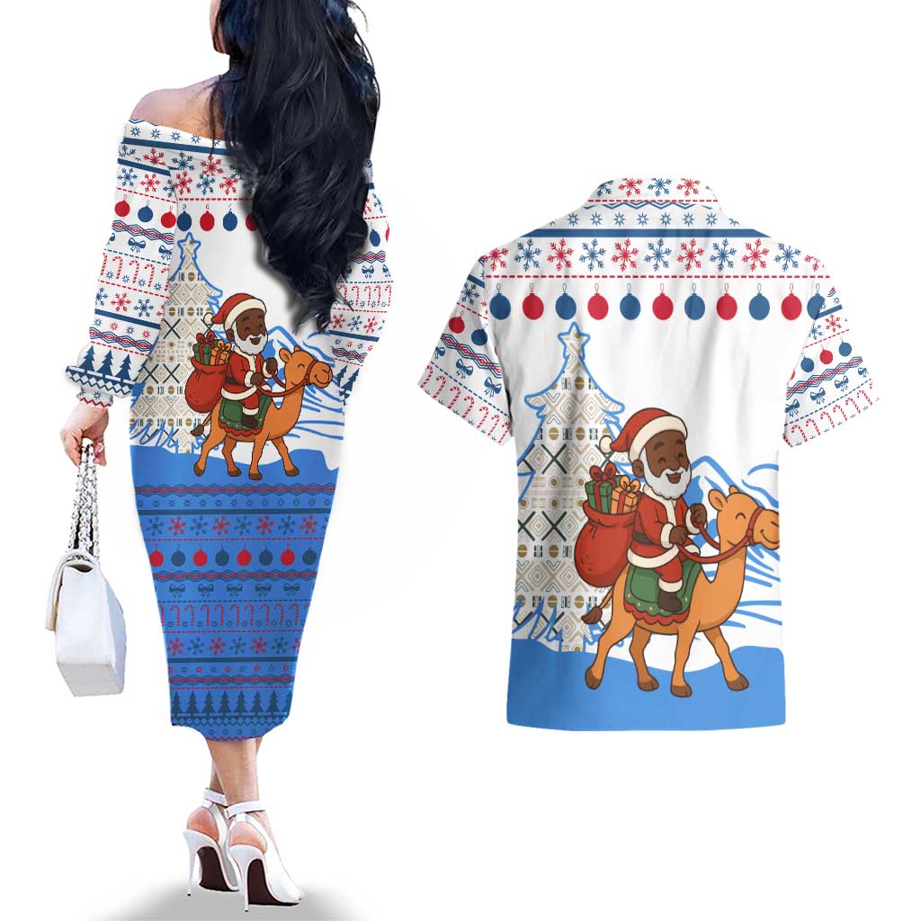 Somalia Christmas Couples Matching Off The Shoulder Long Sleeve Dress and Hawaiian Shirt with Santa on Camel Christmas Tree Ornaments Candy Canes and Snowflake - Wonder Print Shop