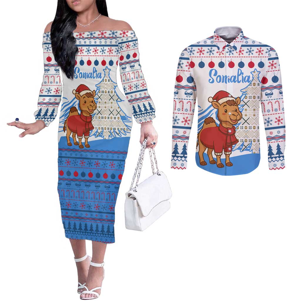 Somalia Christmas Couples Matching Off The Shoulder Long Sleeve Dress and Long Sleeve Button Shirt with Santa on Camel Christmas Tree Ornaments Candy Canes and Snowflake - Wonder Print Shop