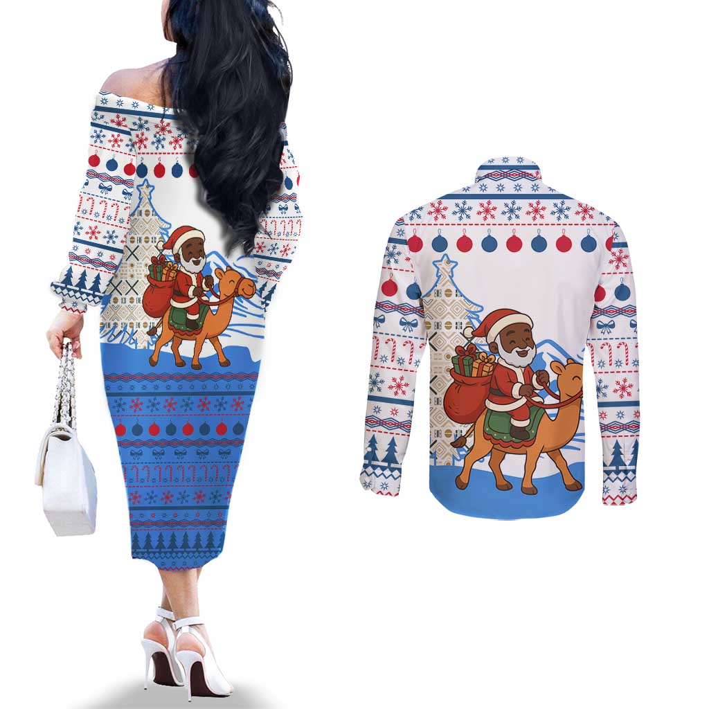 Somalia Christmas Couples Matching Off The Shoulder Long Sleeve Dress and Long Sleeve Button Shirt with Santa on Camel Christmas Tree Ornaments Candy Canes and Snowflake - Wonder Print Shop