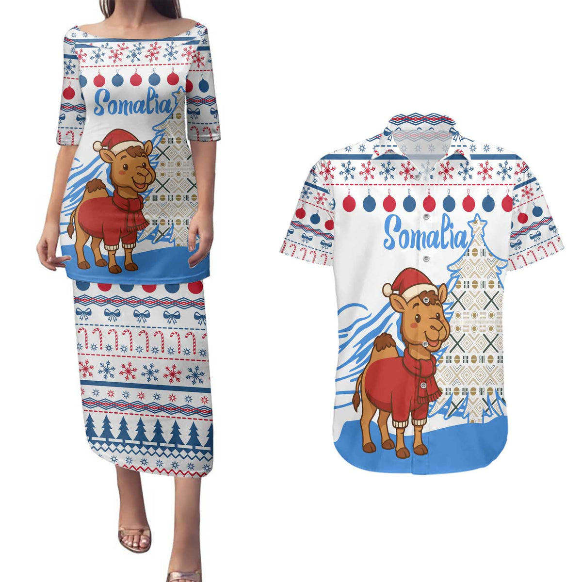 Somalia Christmas Couples Matching Puletasi and Hawaiian Shirt with Santa on Camel Christmas Tree Ornaments Candy Canes and Snowflake - Wonder Print Shop