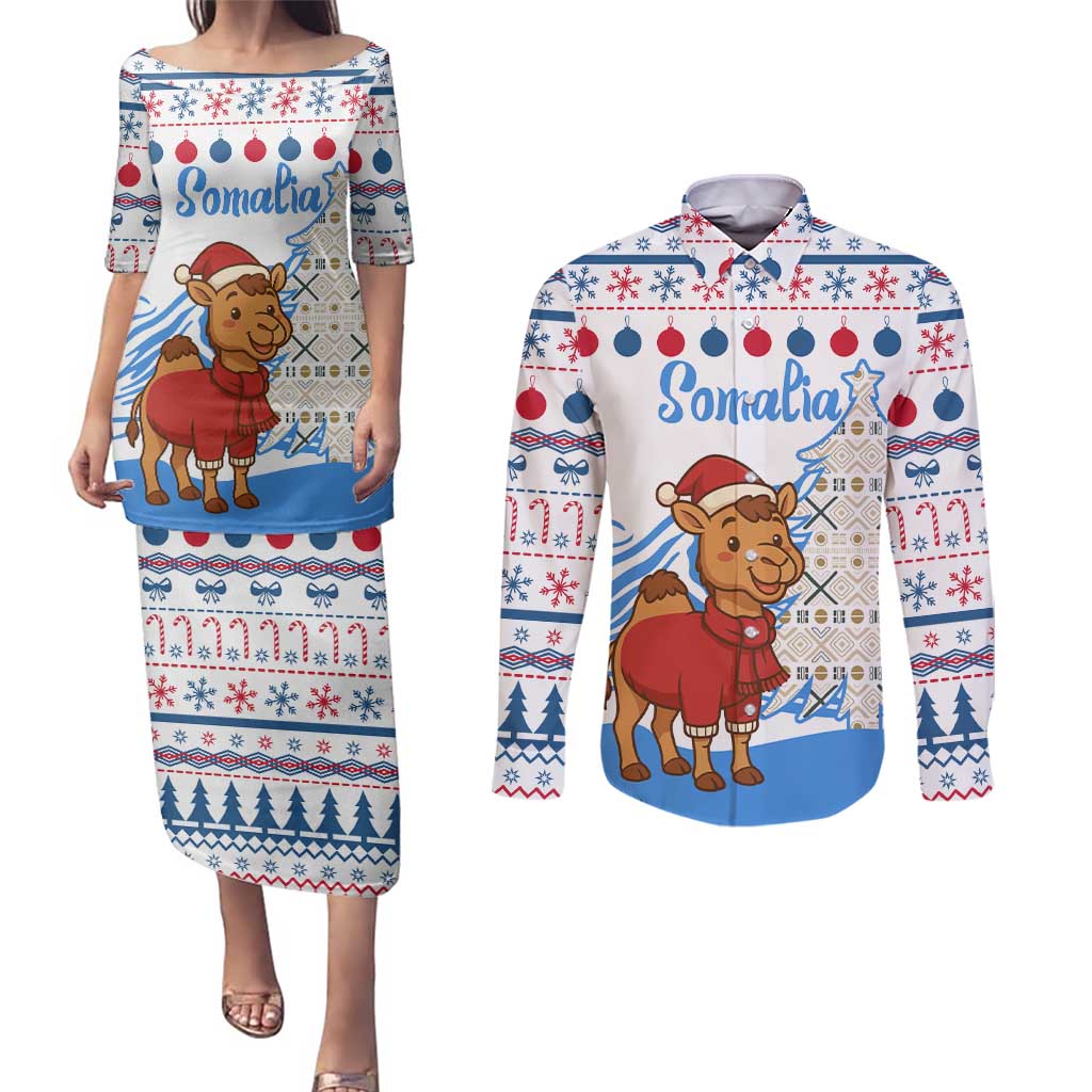 Somalia Christmas Couples Matching Puletasi and Long Sleeve Button Shirt with Santa on Camel Christmas Tree Ornaments Candy Canes and Snowflake - Wonder Print Shop