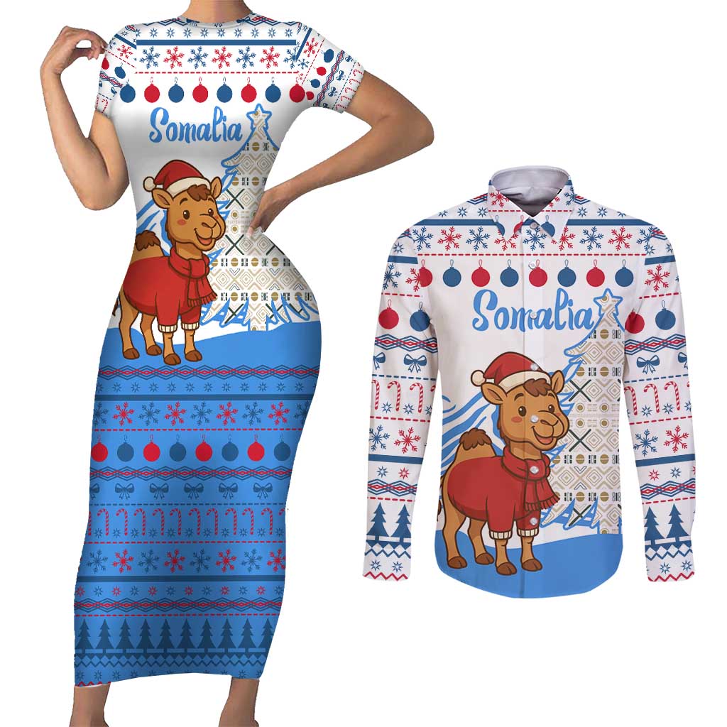 Somalia Christmas Couples Matching Short Sleeve Bodycon Dress and Long Sleeve Button Shirt with Santa on Camel Christmas Tree Ornaments Candy Canes and Snowflake - Wonder Print Shop