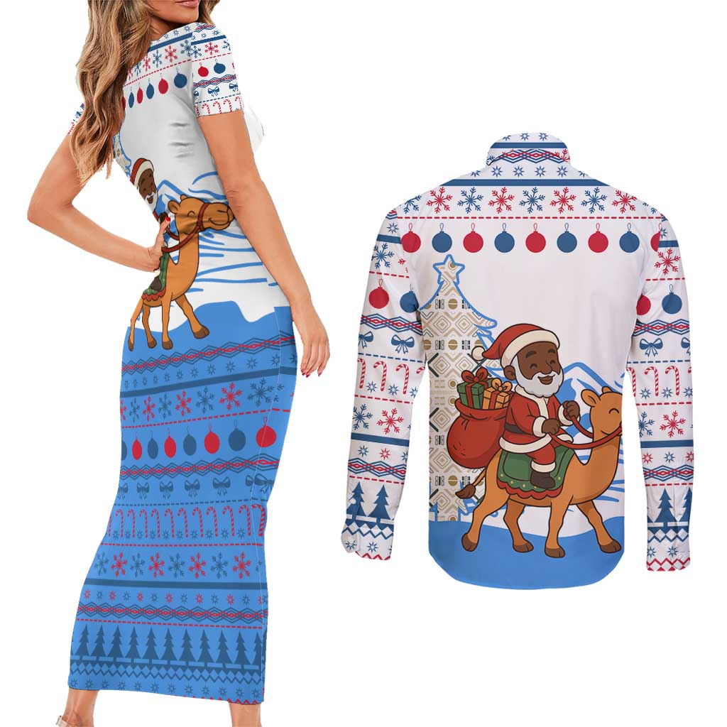 Somalia Christmas Couples Matching Short Sleeve Bodycon Dress and Long Sleeve Button Shirt with Santa on Camel Christmas Tree Ornaments Candy Canes and Snowflake - Wonder Print Shop