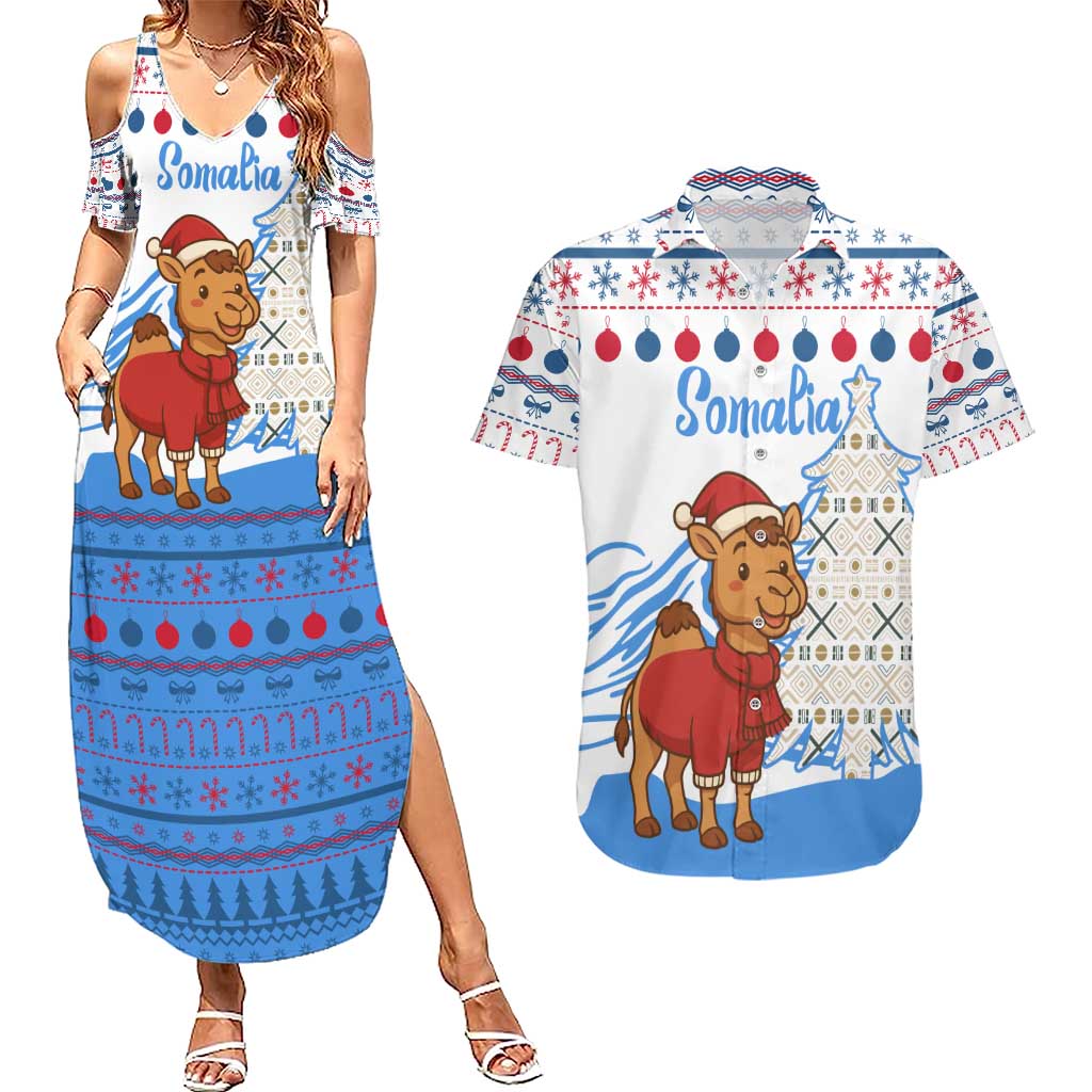 Somalia Christmas Couples Matching Summer Maxi Dress and Hawaiian Shirt with Santa on Camel Christmas Tree Ornaments Candy Canes and Snowflake - Wonder Print Shop