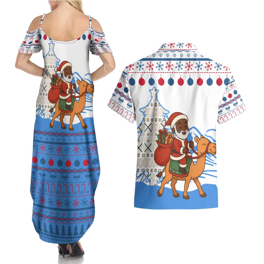 Somalia Christmas Couples Matching Summer Maxi Dress and Hawaiian Shirt with Santa on Camel Christmas Tree Ornaments Candy Canes and Snowflake - Wonder Print Shop