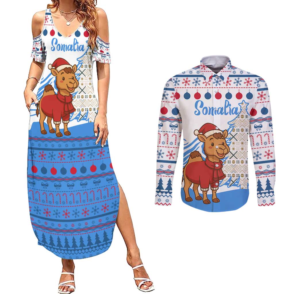 Somalia Christmas Couples Matching Summer Maxi Dress and Long Sleeve Button Shirt with Santa on Camel Christmas Tree Ornaments Candy Canes and Snowflake - Wonder Print Shop