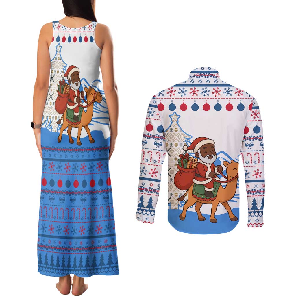 Somalia Christmas Couples Matching Tank Maxi Dress and Long Sleeve Button Shirt with Santa on Camel Christmas Tree Ornaments Candy Canes and Snowflake - Wonder Print Shop