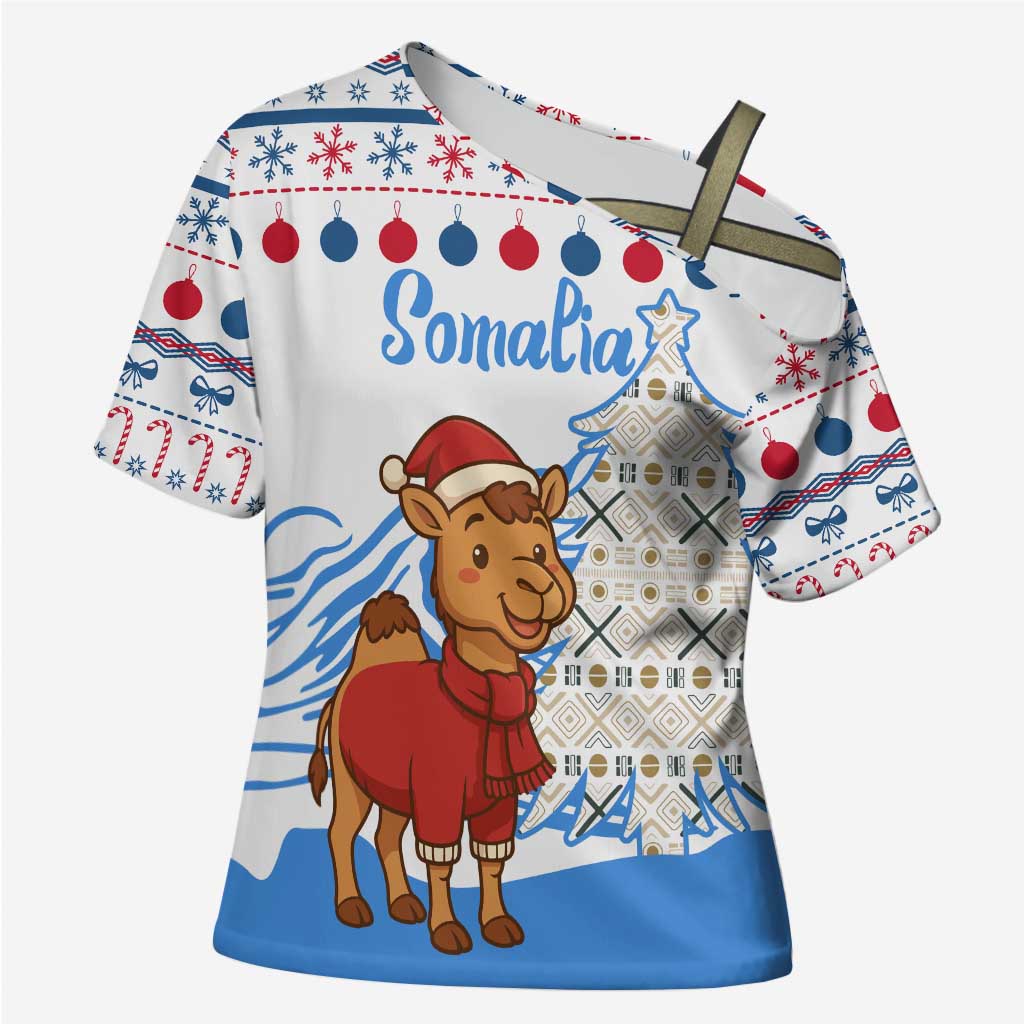 Somalia Christmas Cross Shoulder Shirt with Santa on Camel Christmas Tree Ornaments Candy Canes and Snowflake - Wonder Print Shop