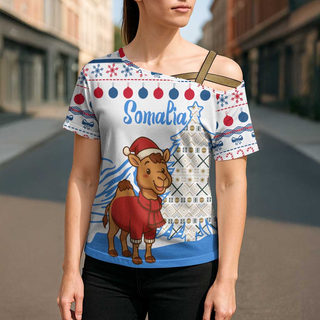 Somalia Christmas Cross Shoulder Shirt with Santa on Camel Christmas Tree Ornaments Candy Canes and Snowflake - Wonder Print Shop