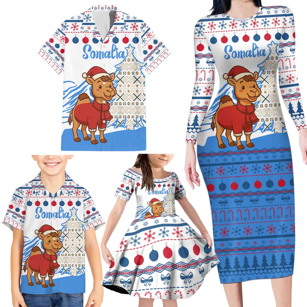 Somalia Christmas Family Matching Long Sleeve Bodycon Dress and Hawaiian Shirt with Santa on Camel Christmas Tree Ornaments Candy Canes and Snowflake - Wonder Print Shop