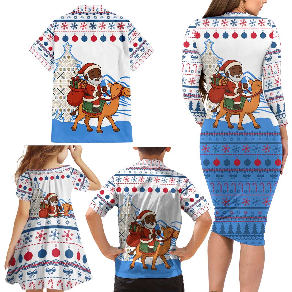 Somalia Christmas Family Matching Long Sleeve Bodycon Dress and Hawaiian Shirt with Santa on Camel Christmas Tree Ornaments Candy Canes and Snowflake - Wonder Print Shop