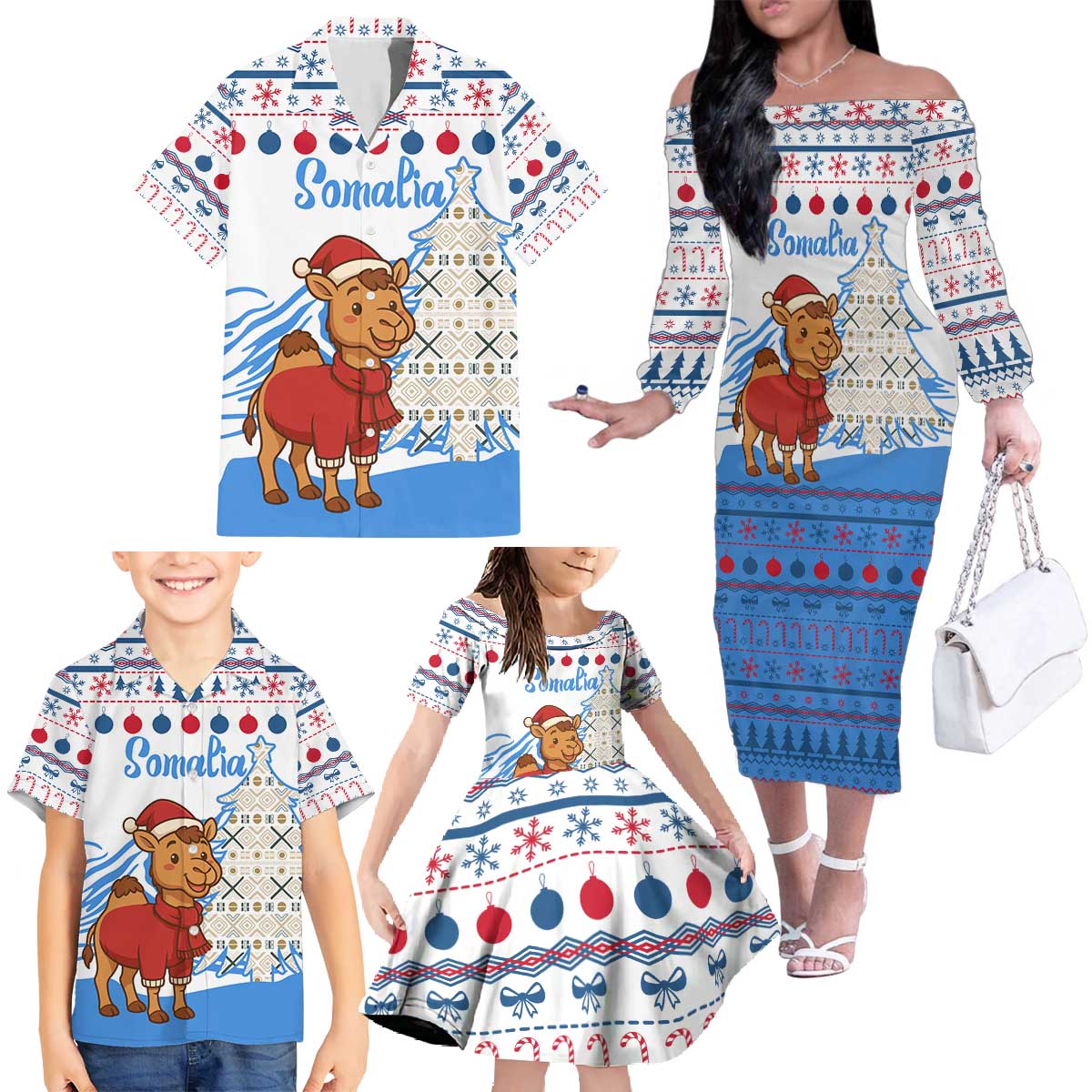 Somalia Christmas Family Matching Off The Shoulder Long Sleeve Dress and Hawaiian Shirt with Santa on Camel Christmas Tree Ornaments Candy Canes and Snowflake - Wonder Print Shop