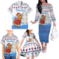 Somalia Christmas Family Matching Off The Shoulder Long Sleeve Dress and Hawaiian Shirt with Santa on Camel Christmas Tree Ornaments Candy Canes and Snowflake - Wonder Print Shop