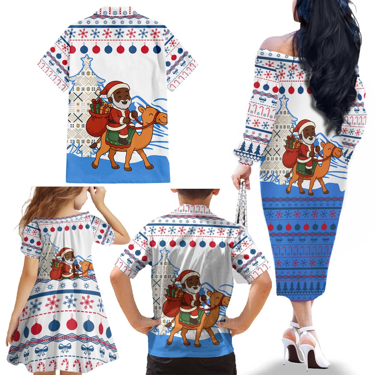 Somalia Christmas Family Matching Off The Shoulder Long Sleeve Dress and Hawaiian Shirt with Santa on Camel Christmas Tree Ornaments Candy Canes and Snowflake - Wonder Print Shop