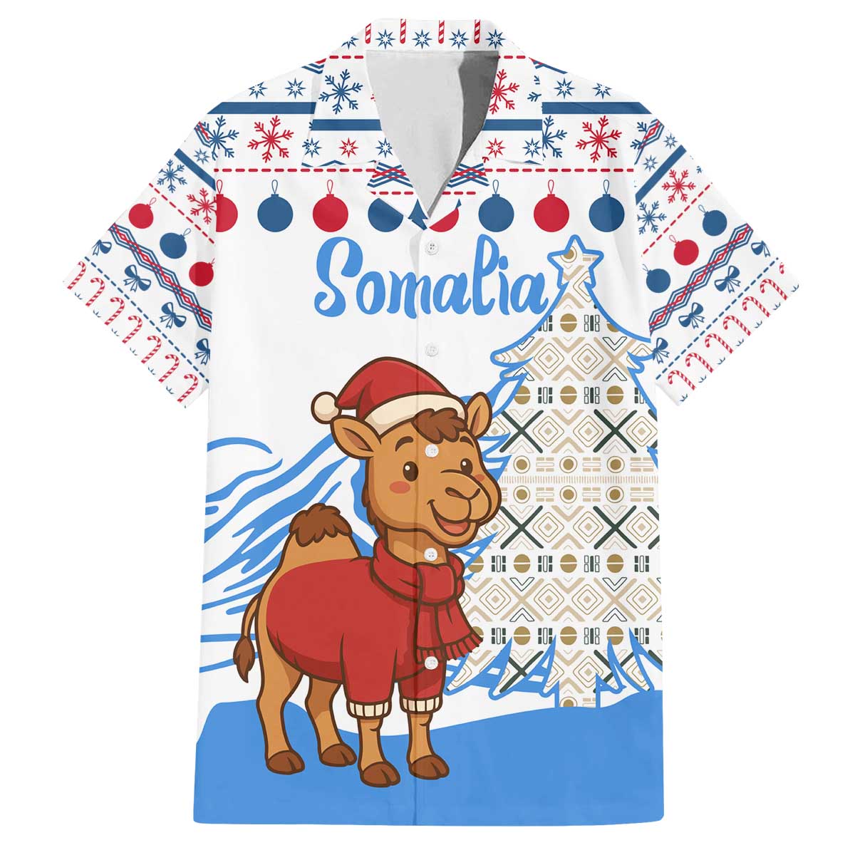Somalia Christmas Family Matching Off The Shoulder Long Sleeve Dress and Hawaiian Shirt with Santa on Camel Christmas Tree Ornaments Candy Canes and Snowflake - Wonder Print Shop