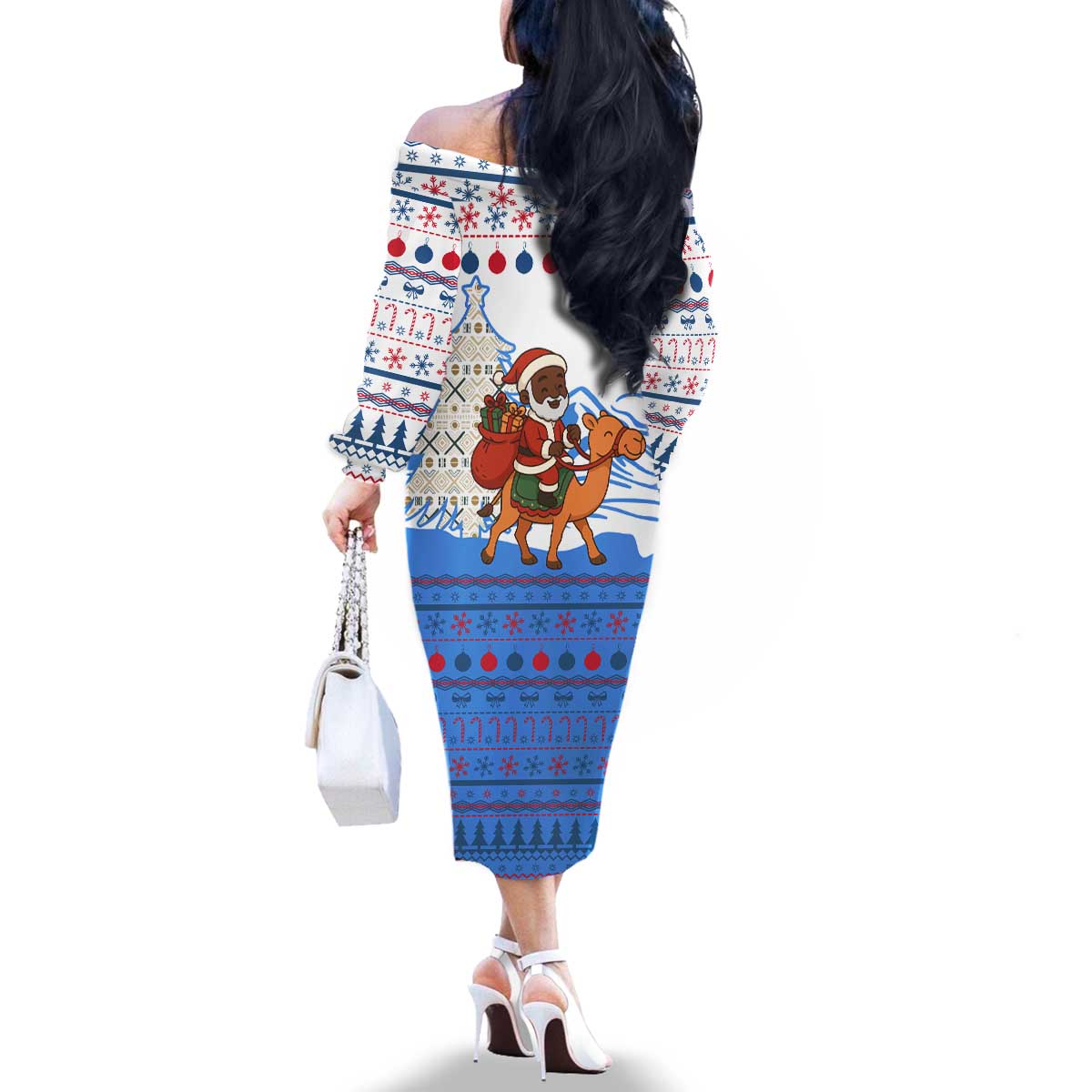Somalia Christmas Family Matching Off The Shoulder Long Sleeve Dress and Hawaiian Shirt with Santa on Camel Christmas Tree Ornaments Candy Canes and Snowflake - Wonder Print Shop