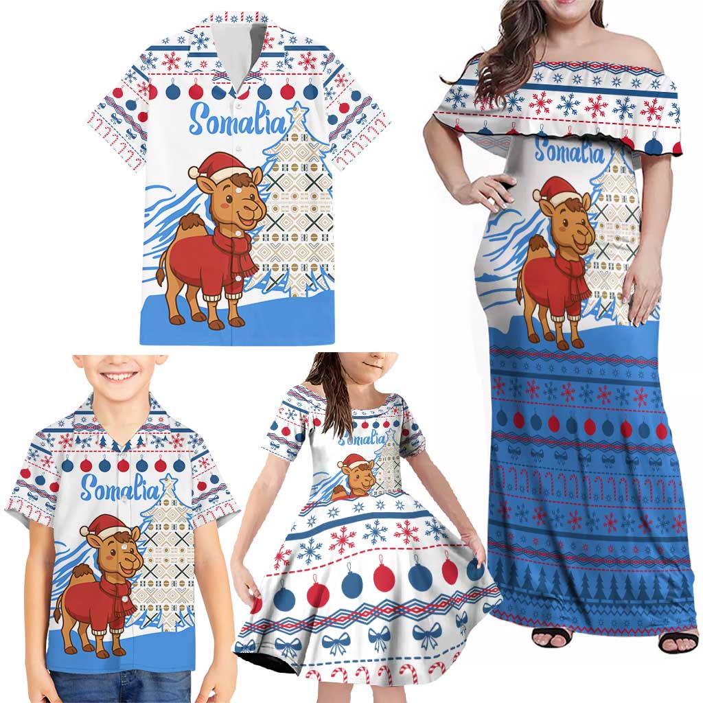Somalia Christmas Family Matching Off Shoulder Maxi Dress and Hawaiian Shirt with Santa on Camel Christmas Tree Ornaments Candy Canes and Snowflake - Wonder Print Shop