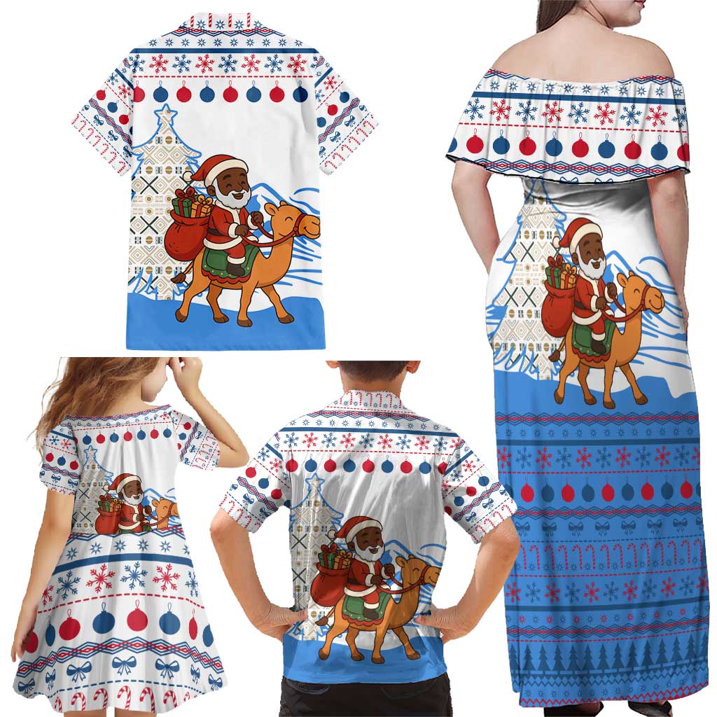 Somalia Christmas Family Matching Off Shoulder Maxi Dress and Hawaiian Shirt with Santa on Camel Christmas Tree Ornaments Candy Canes and Snowflake - Wonder Print Shop