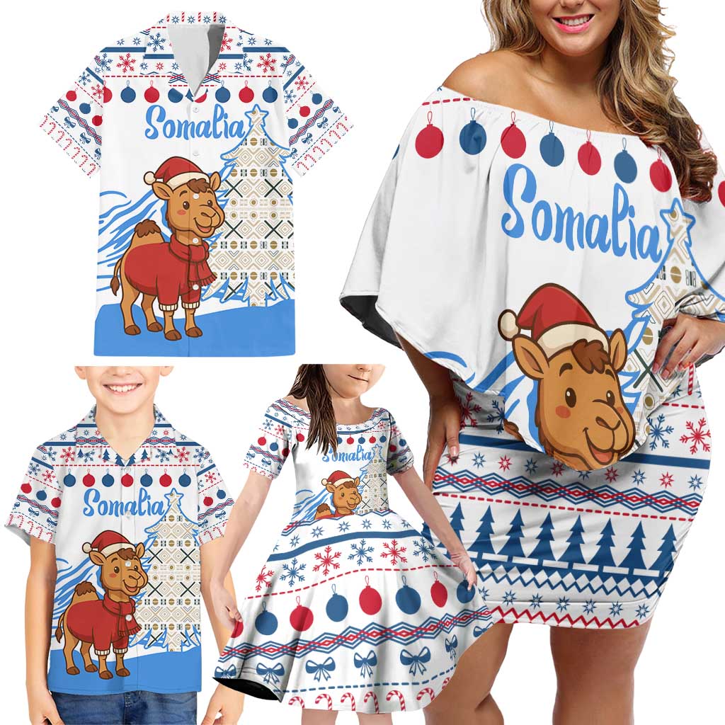 Somalia Christmas Family Matching Off Shoulder Short Dress and Hawaiian Shirt with Santa on Camel Christmas Tree Ornaments Candy Canes and Snowflake - Wonder Print Shop