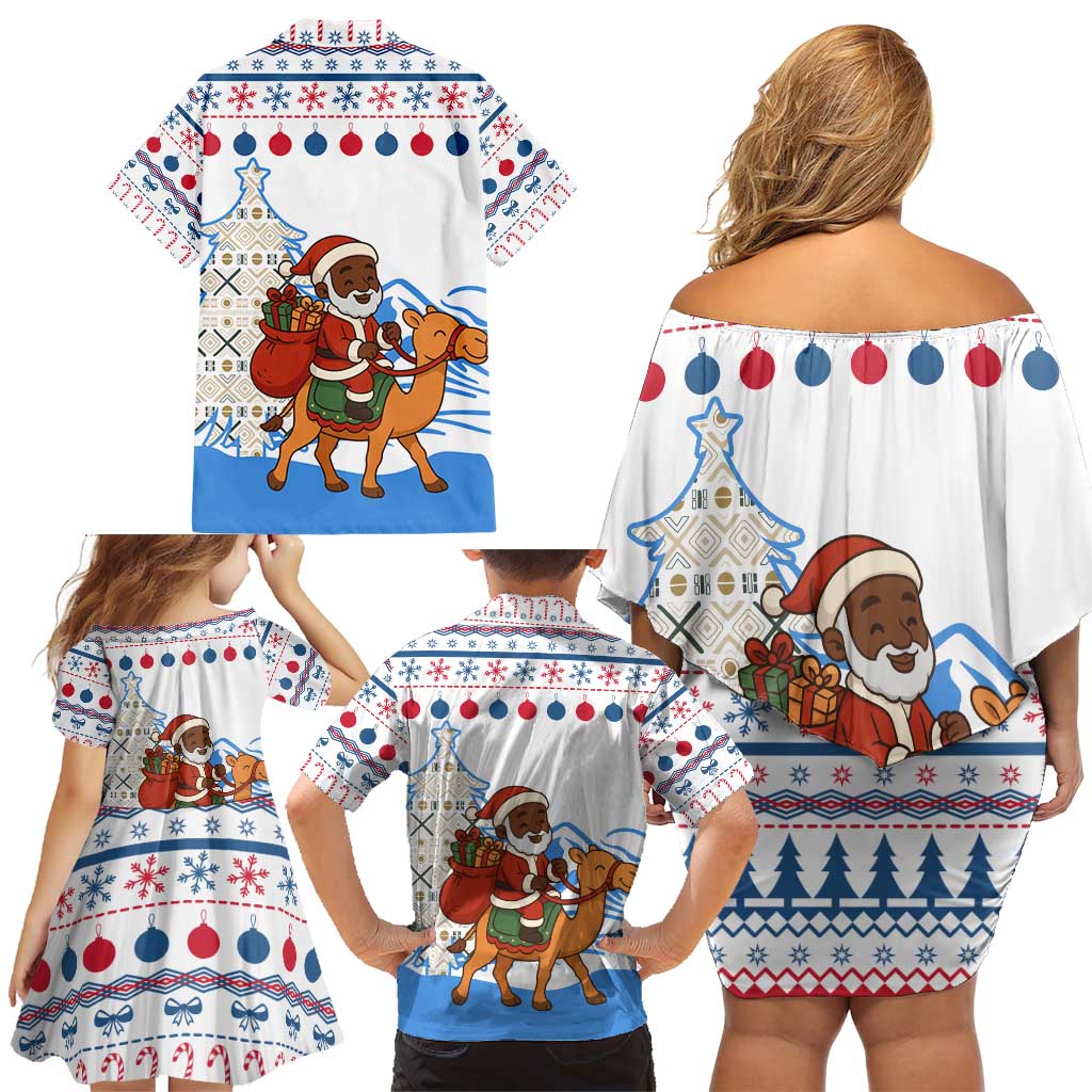 Somalia Christmas Family Matching Off Shoulder Short Dress and Hawaiian Shirt with Santa on Camel Christmas Tree Ornaments Candy Canes and Snowflake - Wonder Print Shop
