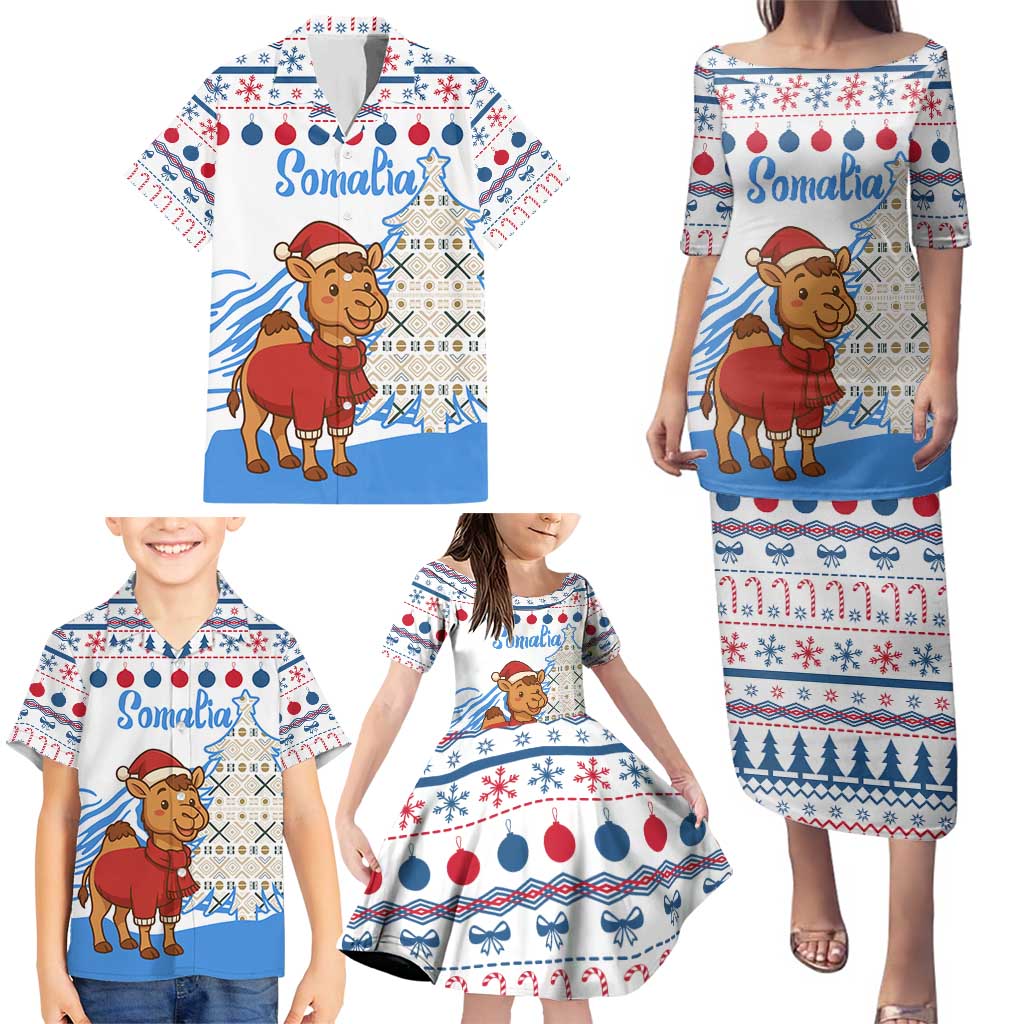 Somalia Christmas Family Matching Puletasi and Hawaiian Shirt with Santa on Camel Christmas Tree Ornaments Candy Canes and Snowflake - Wonder Print Shop
