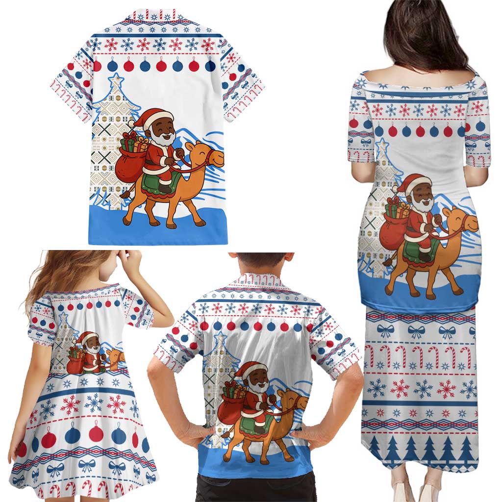 Somalia Christmas Family Matching Puletasi and Hawaiian Shirt with Santa on Camel Christmas Tree Ornaments Candy Canes and Snowflake - Wonder Print Shop