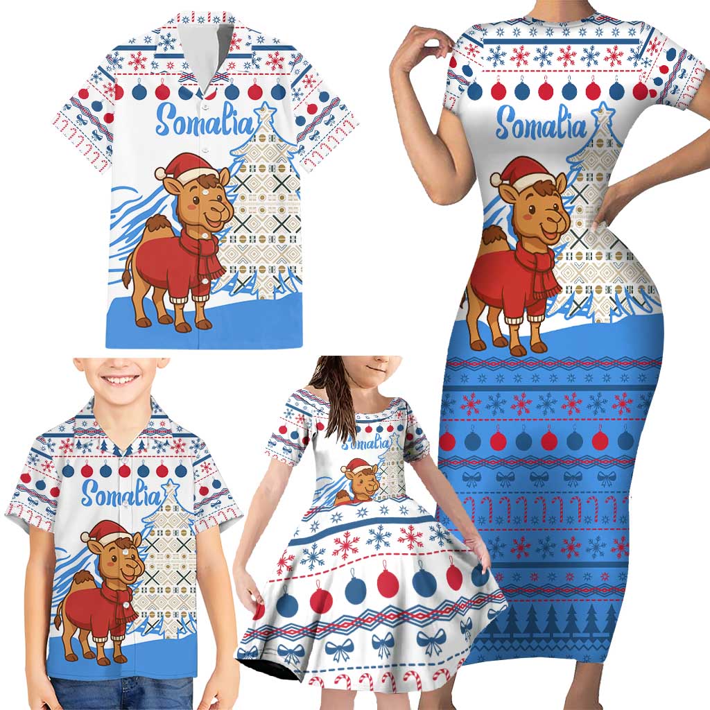Somalia Christmas Family Matching Short Sleeve Bodycon Dress and Hawaiian Shirt with Santa on Camel Christmas Tree Ornaments Candy Canes and Snowflake - Wonder Print Shop