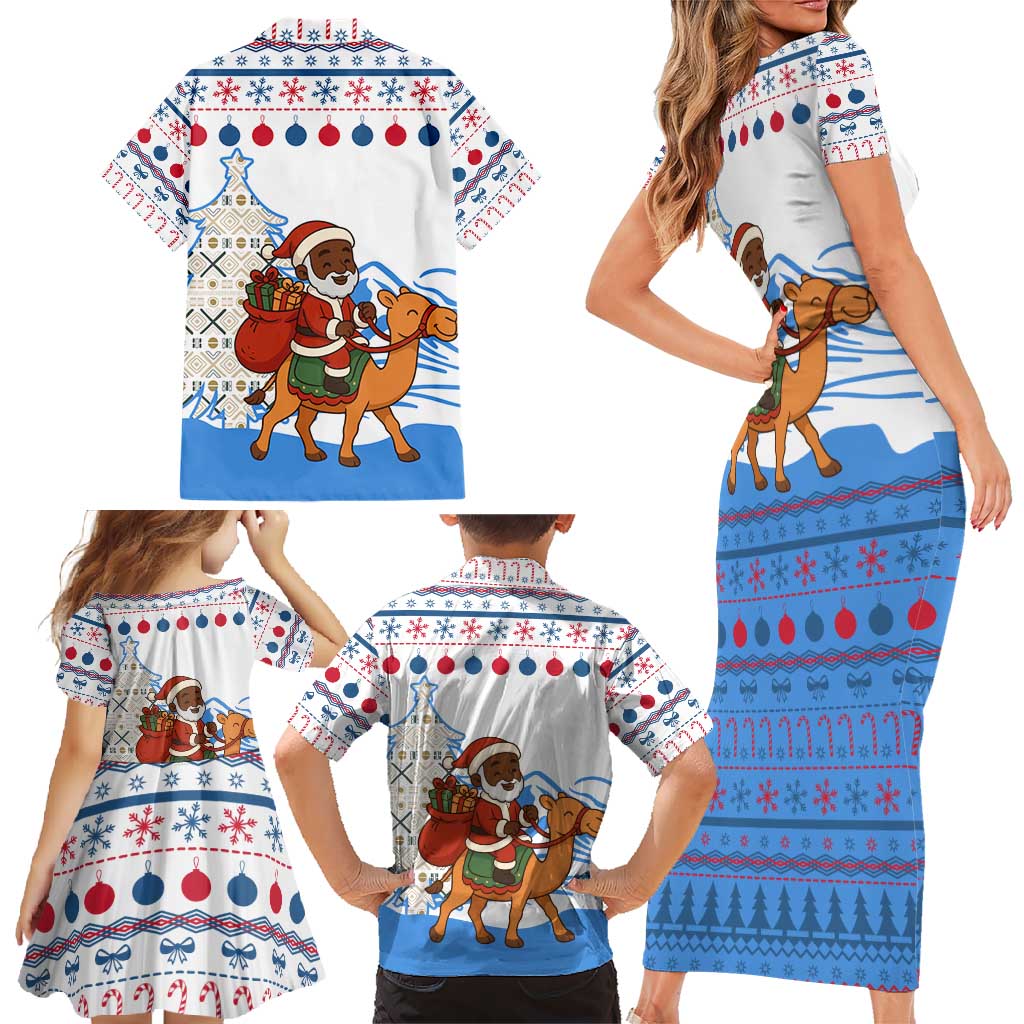 Somalia Christmas Family Matching Short Sleeve Bodycon Dress and Hawaiian Shirt with Santa on Camel Christmas Tree Ornaments Candy Canes and Snowflake - Wonder Print Shop