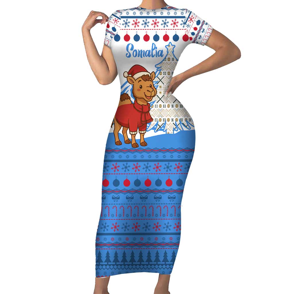 Somalia Christmas Family Matching Short Sleeve Bodycon Dress and Hawaiian Shirt with Santa on Camel Christmas Tree Ornaments Candy Canes and Snowflake - Wonder Print Shop