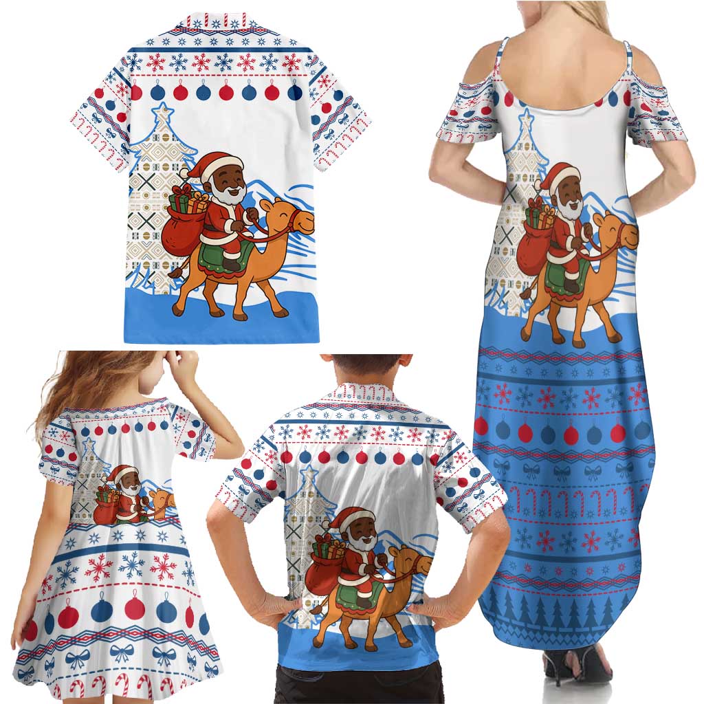 Somalia Christmas Family Matching Summer Maxi Dress and Hawaiian Shirt with Santa on Camel Christmas Tree Ornaments Candy Canes and Snowflake - Wonder Print Shop