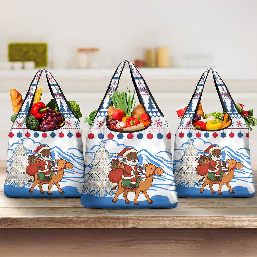 Somalia Christmas Grocery Bag with Santa on Camel Christmas Tree Ornaments Candy Canes and Snowflake - Wonder Print Shop