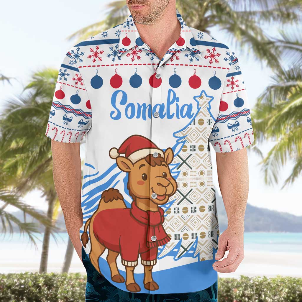 Somalia Christmas Hawaiian Shirt with Santa on Camel Christmas Tree Ornaments Candy Canes and Snowflake - Wonder Print Shop