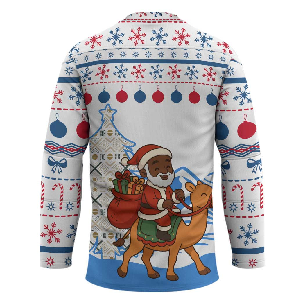 Somalia Christmas Hockey Jersey with Santa on Camel Christmas Tree Ornaments Candy Canes and Snowflake - Wonder Print Shop