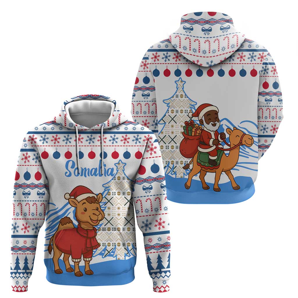 Somalia Christmas Hoodie with Santa on Camel Christmas Tree Ornaments Candy Canes and Snowflake - Wonder Print Shop