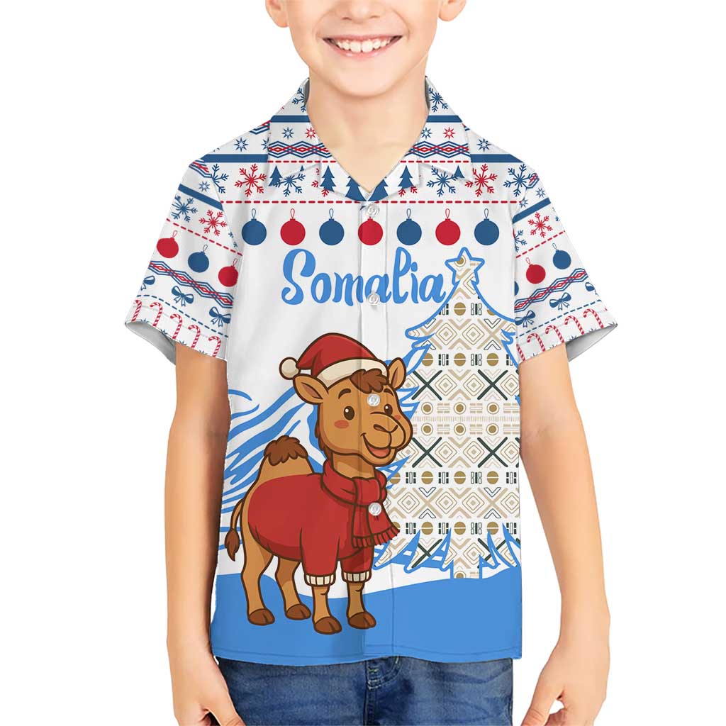 Somalia Christmas Kid Hawaiian Shirt with Santa on Camel Christmas Tree Ornaments Candy Canes and Snowflake - Wonder Print Shop