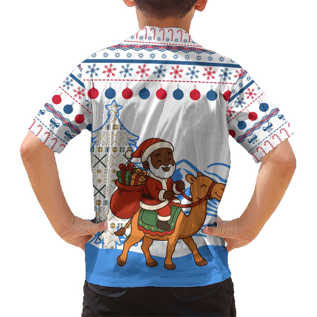 Somalia Christmas Kid Hawaiian Shirt with Santa on Camel Christmas Tree Ornaments Candy Canes and Snowflake - Wonder Print Shop