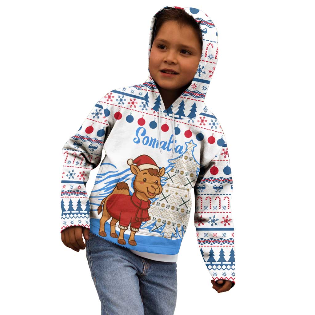 Somalia Christmas Kid Hoodie with Santa on Camel Christmas Tree Ornaments Candy Canes and Snowflake - Wonder Print Shop