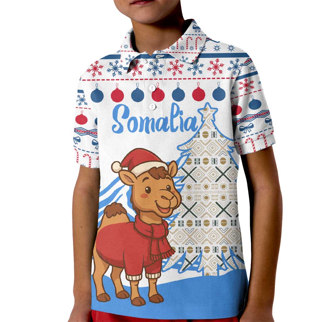 Somalia Christmas Kid Polo Shirt with Santa on Camel Christmas Tree Ornaments Candy Canes and Snowflake - Wonder Print Shop