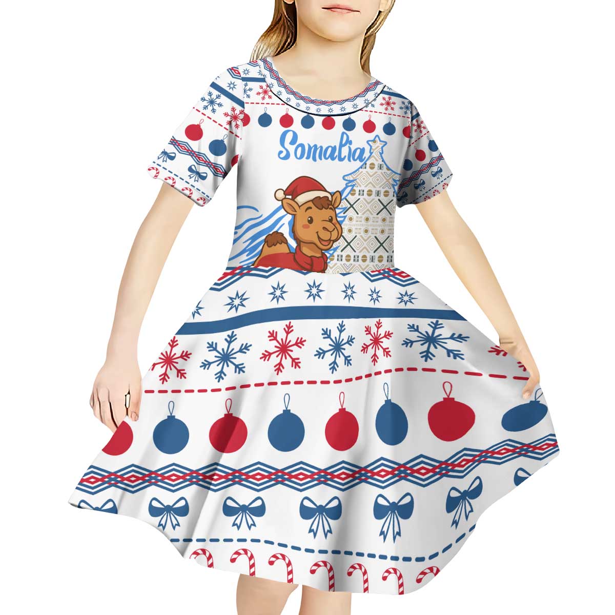 Somalia Christmas Kid Short Sleeve Dress with Santa on Camel Christmas Tree Ornaments Candy Canes and Snowflake - Wonder Print Shop