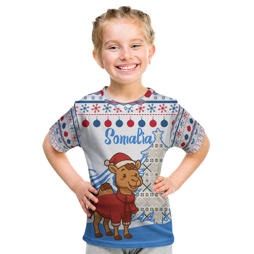 Somalia Christmas Kid T Shirt with Santa on Camel Christmas Tree Ornaments Candy Canes and Snowflake - Wonder Print Shop