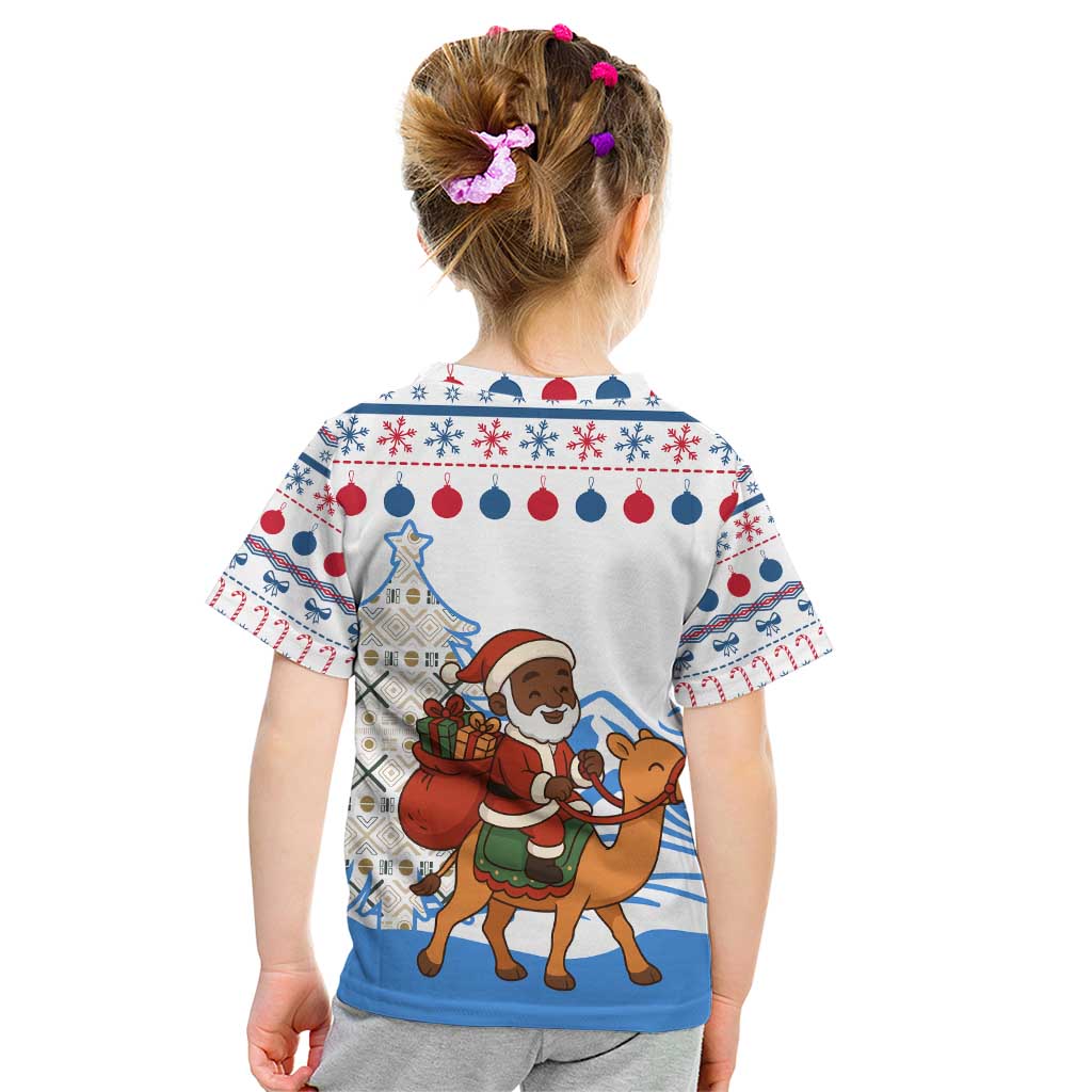 Somalia Christmas Kid T Shirt with Santa on Camel Christmas Tree Ornaments Candy Canes and Snowflake - Wonder Print Shop